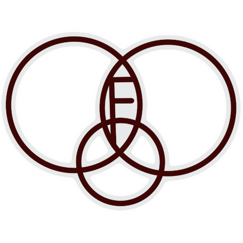 image of the fictionkin symbol, two large intersecting rings and one small ring intersecting them, with the letter F in the middle, with a white outline